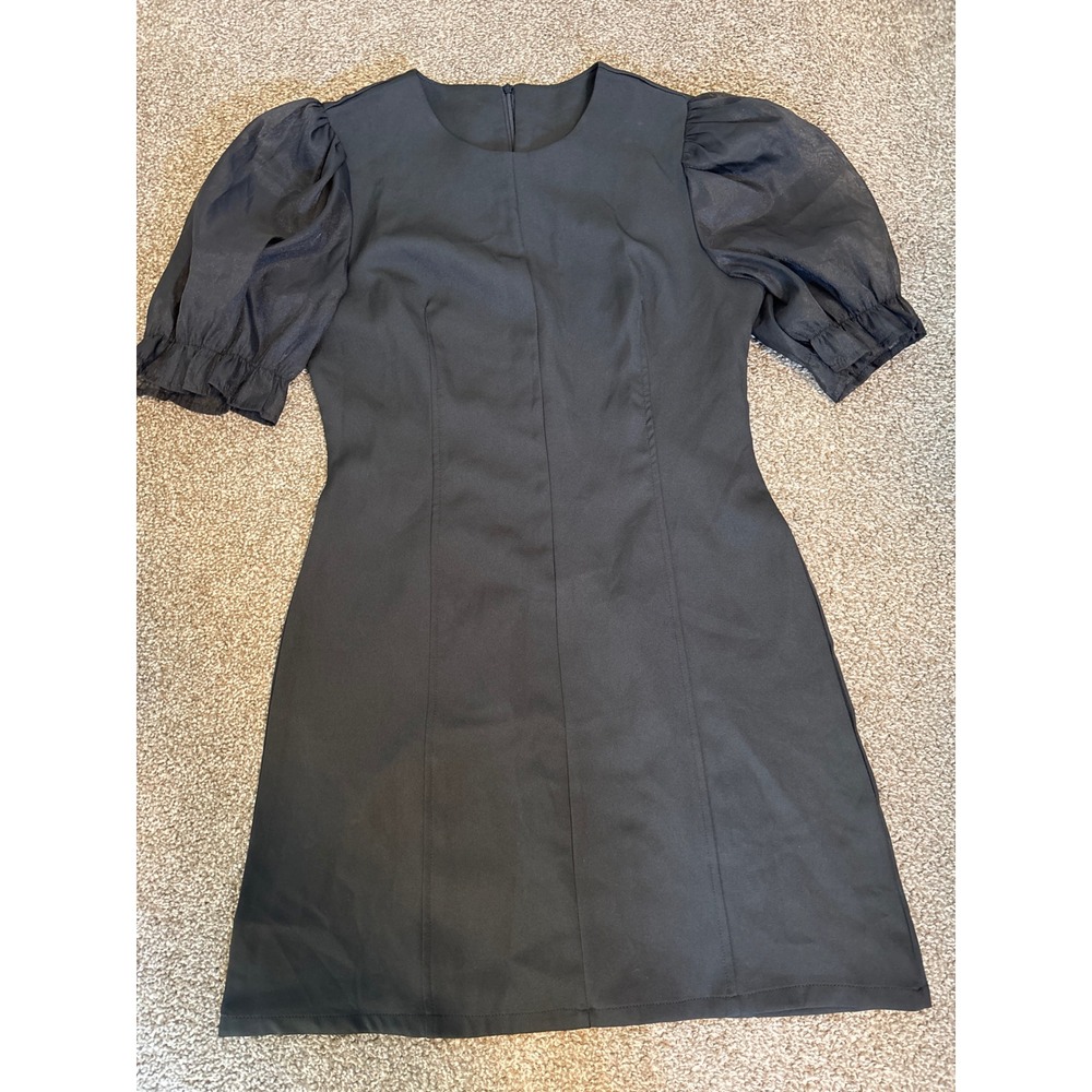 Dazy Puff Sleeve Mini Dress Women XL Black Excellent Sheer Short Sleeve Zip Up - Picture 1 of 3